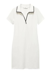Robe-polo blanche à manches courtes, col en V avec bordure noire le long du col. Fabriquée en tissu doux et léger avec une texture lisse.