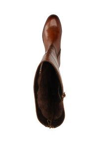 Braune Lederstiefel bis zum Knie mit abgerundeter Zehe und seitlichem Reißverschluss, von oben gegen einen weißen Hintergrund gezeigt.