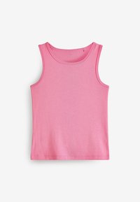 Rosa Baumwoll-Ärmellos-Top mit rundem Ausschnitt. Glatte Textur und minimale Nähdetails, geeignet für entspannte Freizeitlooks.