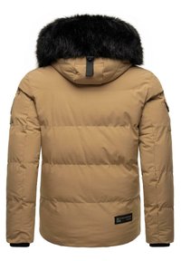 Bež puffer jakna z črno umetno krzneno kapuco, rebrastimi manšeti in žepom na rokavu. Ima gladko teksturo in prešito zasnovo.