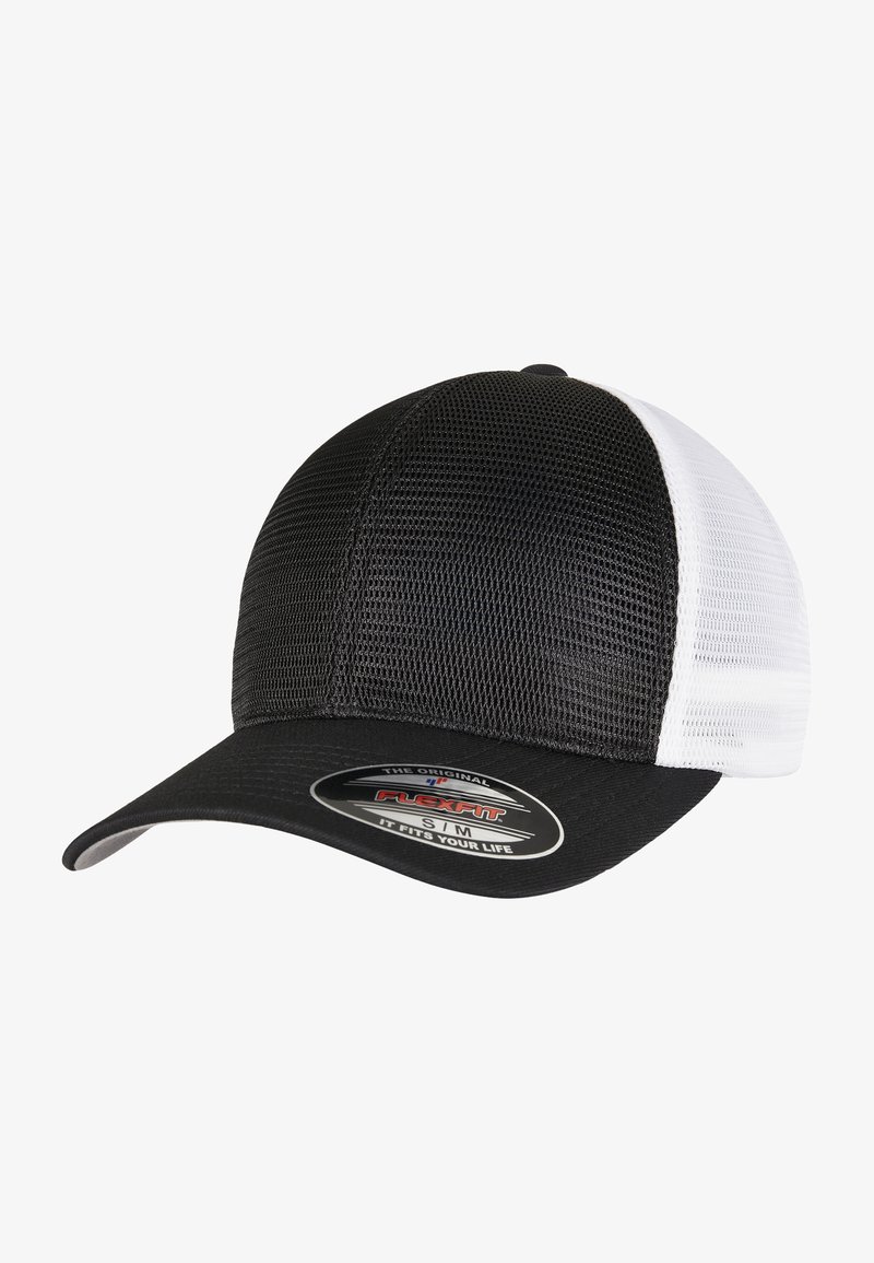 Crna i bijela mrežasta kapa s zaobljenom prednjom stranom, zakrivljenim vizirima i Flexfit logom naljepnicom na rubu. Dizajnirana za udobnost i prozračnost.