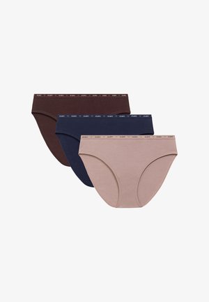 Trzy pary damskich majtek: ciemnobrązowe, granatowe i jasnobeżowe. Wykonane z miękkiego materiału z elastycznymi paskami z logo.