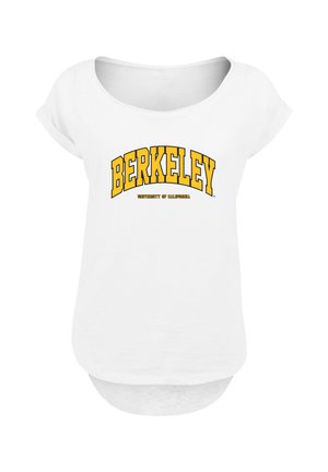 White short-sleeve t-shirt with a rounded neckline and curved hem. Features black and yellow "BERKELEY" text and "UNIVERSITY OF CALIFORNIA" below.