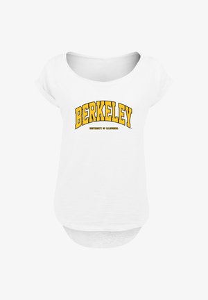 White short-sleeve t-shirt with a rounded neckline and curved hem. Features black and yellow "BERKELEY" text and "UNIVERSITY OF CALIFORNIA" below.