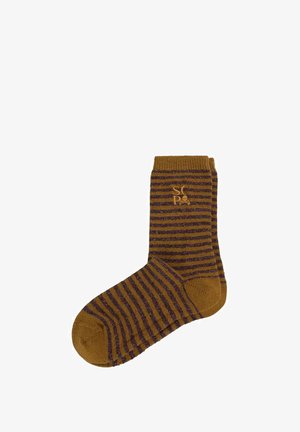 Calcetines a rayas marrones y morados con un puño acanalado, que presentan un pequeño logo. Están hechos de un material suave y texturizado, adecuado para el uso diario.