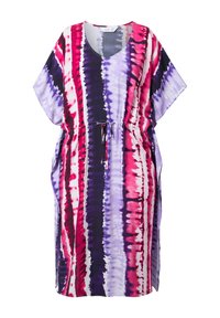 Lila und pink gefärbtes T-Shirt-Kleid mit kurzen Ärmeln, tiefem V-Ausschnitt und verstellbarem Kordelzug an der Taille. Leichte Stoffqualität mit lockerer Passform.