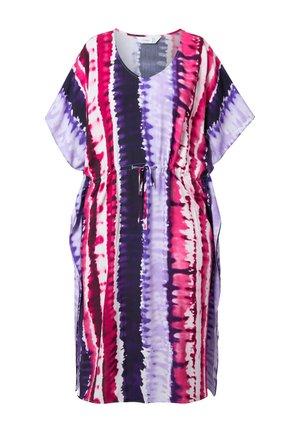 Paarse en roze tie-dye jurk met korte mouwen, diepe V-hals en verstelbare trekkoord taille. Lichtgewicht stof met een losse pasvorm.