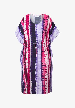 Paarse en roze tie-dye jurk met korte mouwen, diepe V-hals en verstelbare trekkoord taille. Lichtgewicht stof met een losse pasvorm.