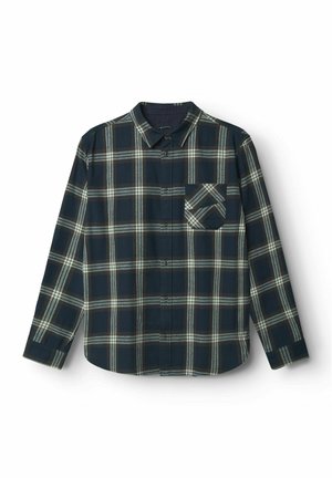 Button-up shirt in dark blue with a plaid pattern in white and light green. Features a chest pocket and long sleeves. Cotton material.