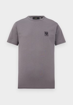 Plain grey short-sleeve crew-neck t-shirt with a small black logo patch on the left chest, displayed on a white background.