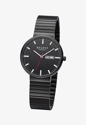 Schwarze Regent-Armbanduhr mit weißen Stundenmarkierungen, rotem Sekundenzeiger und Tages-/Datumsanzeige, die Dienstag, den 27. zeigt, mit flexiblem schwarzem Metallarmband.