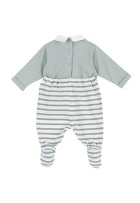 Groene lange mouw rompert met een witte kraag, met een gestreept patroon in lichtgroen en wit. Inclusief voetjesontwerp en knoopsluiting.