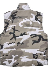 Chaleco de camuflaje en tonos de gris, negro y blanco. Tejido ligero con un alto cuello y detalles de botones a los lados.