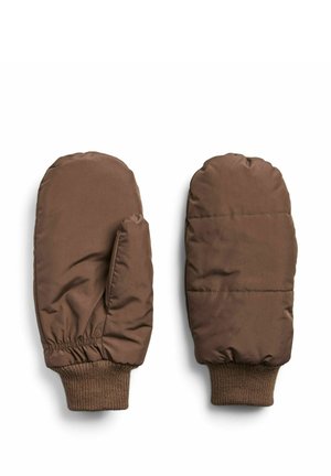 Par de manoplas marrones aislantes con puños elásticos en la muñeca, diseñadas para protección contra el frío, mostradas sobre un fondo blanco.