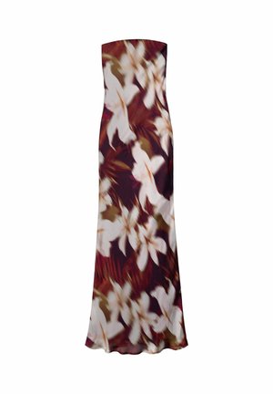 Vestido maxi sin tirantes con un estampado floral en tonos blancos y terracota sobre un fondo oscuro; tejido suave con una silueta fluida.