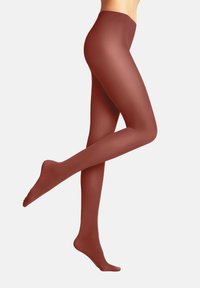 Nieprzezroczyste brązowe rajstopy o gładkiej fakturze, z wysokim stanem i stopniowym krojem, ukazujące bezszwowy, dobrze dopasowany sylwetkę.