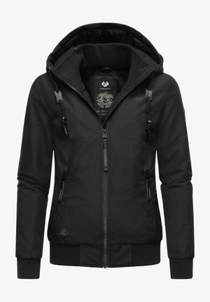 Veste à capuche noire avec fermeture éclair à l'avant, manches côtelées et deux poches zippées à l'avant. Offre un intérieur texturé et des cordons de serrage réglables sur la capuche.