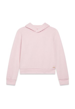 Hellrosa langärmliger, kurz geschnittener Hoodie mit subtil strukturiertem Muster und kleinem goldenem Markenetikett nahe dem Saum auf weißem Hintergrund.