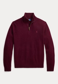 Herre bordeaux kvart-zip sweater med ribstrikket krave, manchetter og kant, med et lille broderet logo på brystet.