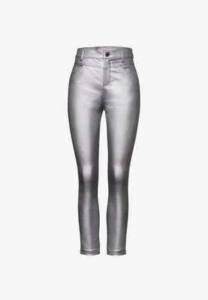 Silberne metallische Skinny Jeans mit hoher Taille, featuring eine Frontknopfschließe, Gürtelschlaufen und einer glatten, glänzenden Textur.