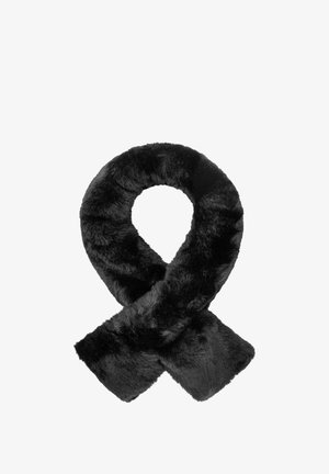 Czarny szalik z sztucznego futra, miękka tekstura, zapętlony design, o błyszczącym wykończeniu. Brak widocznych elementów metalowych czy wzorów; prosty i elegancki kształt.