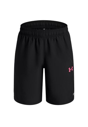 Black athletic shorts with elastic waistband and pink Under Armour logo on right thigh, displayed on white background.