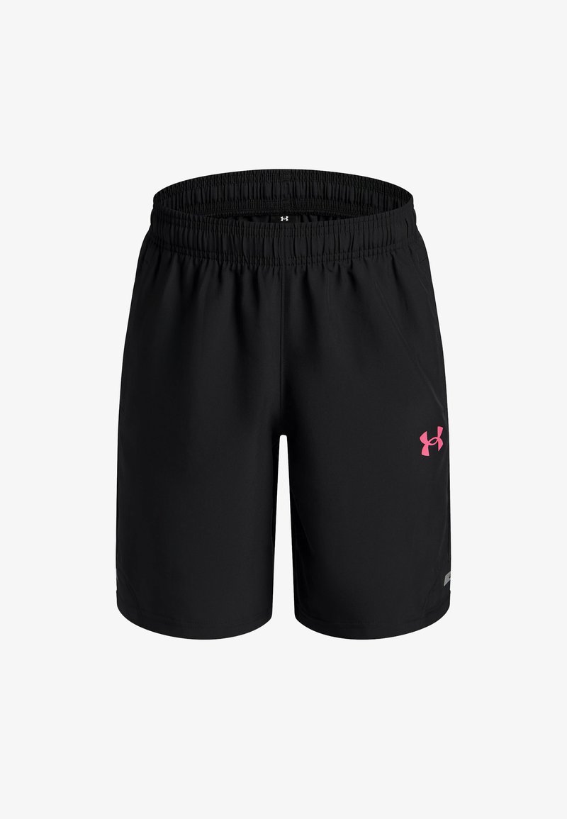 Mustad mustikarva spordidessid, millel on elastne vöökoht ja roosa Under Armour logo paremal reiel, esitatud valgel taustal.