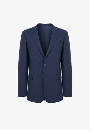 Granatowa marynarka wykonana z teksturowanej tkaniny, z dwuprzyciskowym zapięciem, klapami w stylu notch oraz dwoma przednimi kieszeniami.