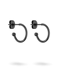 Schwarze Metall-Hoops mit einem schlanken, kreisförmigen Design, ausgestattet mit einem Steckerverschluss und kleinen, sphärischen Akzenten am unteren Ende.