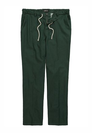 Grüne Hose aus leichtem Stoff, mit einem elastischen Bund und Kordelzug, seitlichen Taschen und geradem Bein.