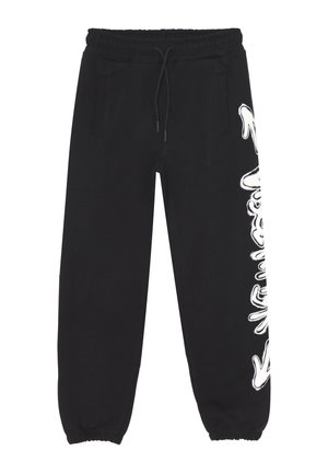 Pantaloni della tuta neri con vita e polsini elastici, tasche laterali e design di impronte di mano in stile graffiti bianche lungo la gamba destra.