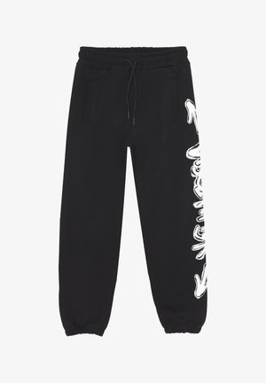 Pantaloni della tuta neri con vita e polsini elastici, tasche laterali e design di impronte di mano in stile graffiti bianche lungo la gamba destra.