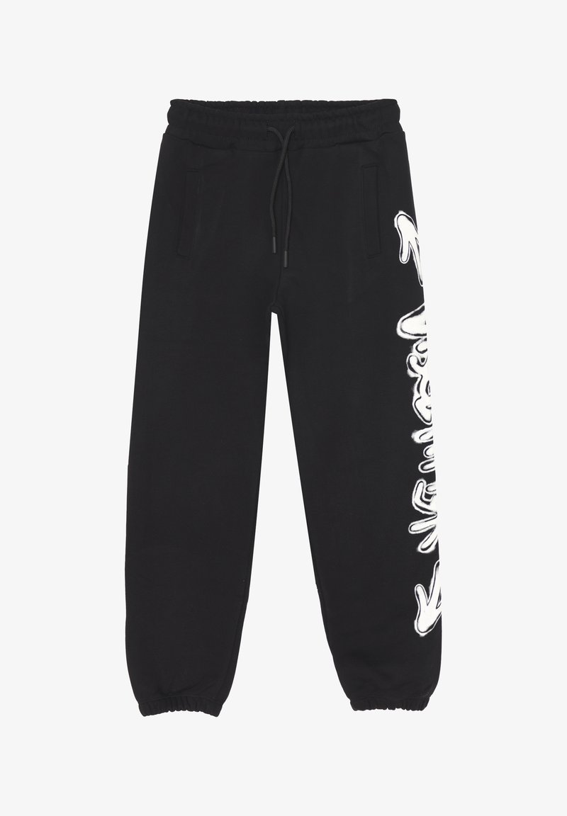 Pantaloni della tuta neri con vita e polsini elastici, tasche laterali e design di impronte di mano in stile graffiti bianche lungo la gamba destra.