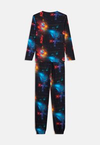 Dziecięcy zestaw bluzki z długim rękawem i spodni z jaskrawym, wielokolorowym wzorem z motywem kosmosu i obwodu drukowanego na czarnym tle.