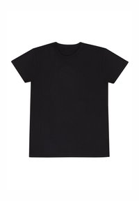 Czarny bawełniany t-shirt z okrągłym dekoltem, krótkimi rękawami i standardowym dopasowaniem. Materiał wydaje się gładki i lekki, bez wzorów.