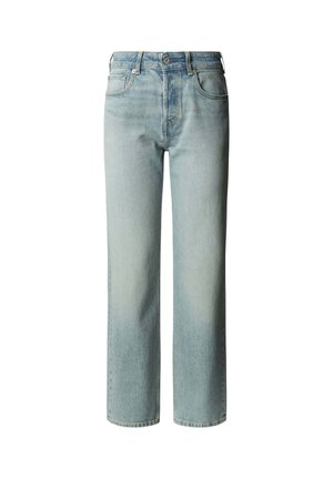 Jean droit bleu clair en denim, avec une taille haute, un design à cinq poches et un délavage minimal pour un aspect uniforme.