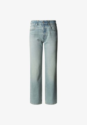 Vaqueros azul claro de pierna recta hechos de denim, con cintura alta, diseño de cinco bolsillos y un desvanecimiento mínimo para una apariencia uniforme.