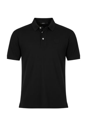 Polo noir à manches courtes avec un col, deux boutons blancs sur la patte de boutonnage et un patch logo sobre sur la poitrine.