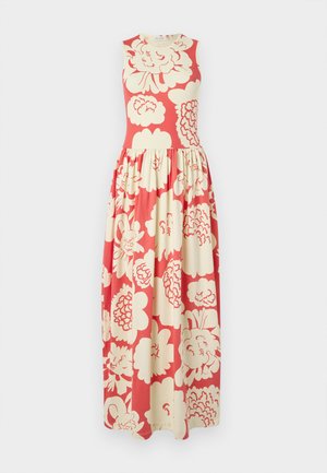 Maxi dress with a sleeveless design, red fabric featuring large cream floral patterns, and a gathered skirt for a flowing silhouette.