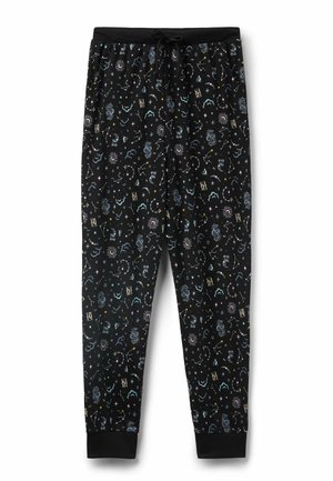 Schwarze Pyjamahosen mit einem sich wiederholenden himmlischen Muster aus Sternen, Konstellationen und Wolken in verschiedenen Farben; elastischer Bund mit Kordelzug.