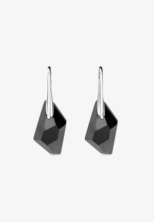 Schwarze geometrische Ohrringe mit facettiertem Design, silberfarbigen Haken und polierter Oberfläche. Die Form erinnert an verlängerte Diamanten oder Sechsecke.