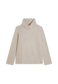 Maglione beige a collo alto con maniche lunghe, caratterizzato da una texture morbida, un colletto rilassato e dettagli delle cuciture sottili sulla parte anteriore.