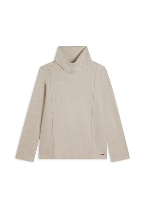Maglione beige a collo alto con maniche lunghe, caratterizzato da una texture morbida, un colletto rilassato e dettagli delle cuciture sottili sulla parte anteriore.
