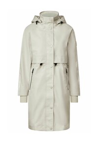 Světle béžová nepromokavá bunda s kapucí, patkové knoflíky, zapínací kapsy a elastické manžety. Hladký povrch a délka do kolen.