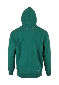 Felpa verde con cappuccio. Presenta un tessuto testurizzato, polsini e orlo a costine, e cuciture decorative in blu e rosso sul retro.