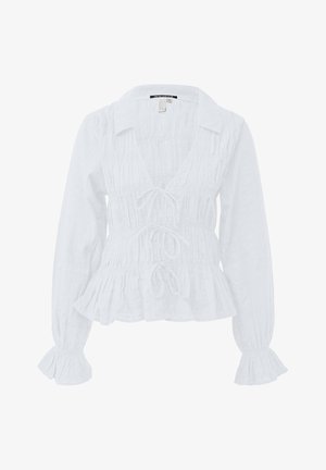 White long-sleeve blouse with ruched fabric, three front tie closures, a collar, and flared ruffled cuffs and hem.
