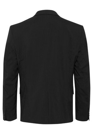 Zwarte herenblazer van achteren gezien met lange mouwen, een middennaad en een niet-kraag tegen een witte achtergrond.