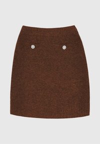 Mini-jupe en laine marron avec une ceinture côtelée, dotée de deux poches latérales ornées de boutons à motif floral.