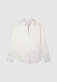 Camicia bianca a maniche lunghe realizzata in tessuto liscio, con colletto classico, chiusura frontale a bottoni e polsini. Design minimalista, senza motivi o accenti visibili.