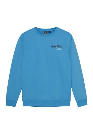 Blauwe pullover sweatshirt van katoen, met lange mouwen, een ronde halslijn en een bedrukt logo in zwart-wit aan de voorkant.